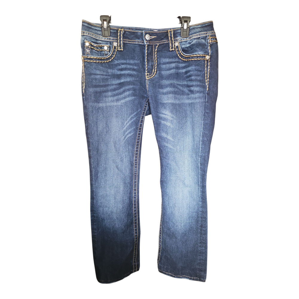 Miss Me Signature Bootcut Jeans size 32 dark wash with gold stitching